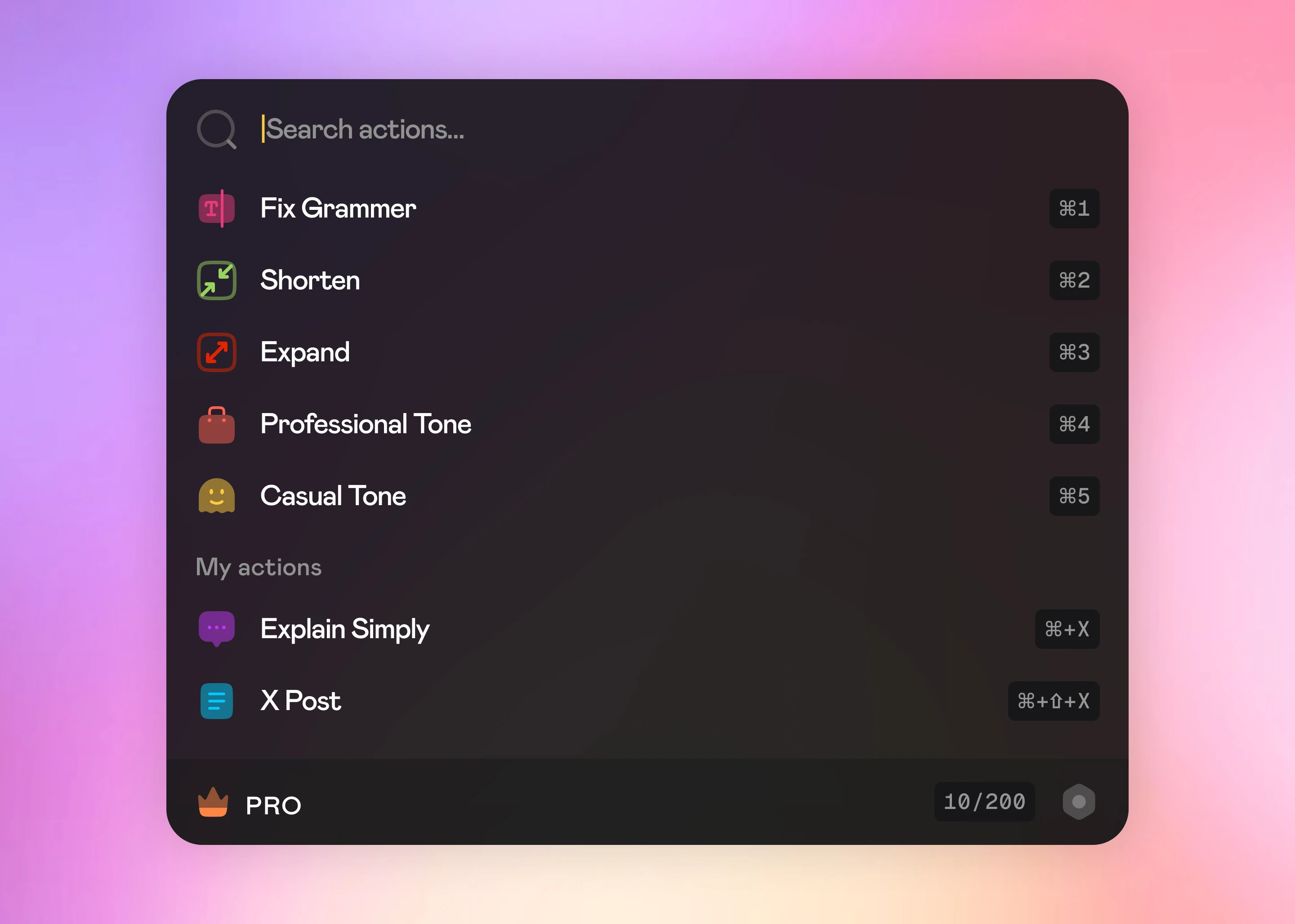 SticAI app preview showing text transformation actions